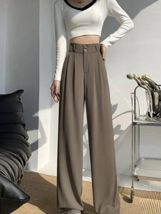 High Waist Wide Leg Pants Double Buttons Casual Suit Pants