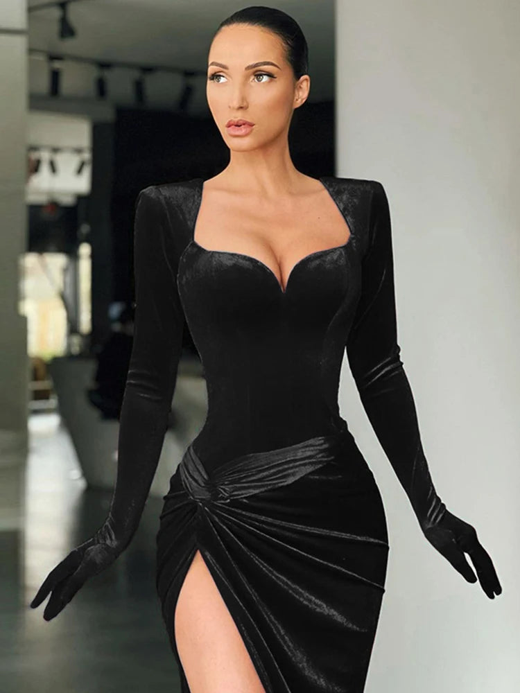 Elegant Ruched Gloves Sleeve Long Gown Evening Outfits
