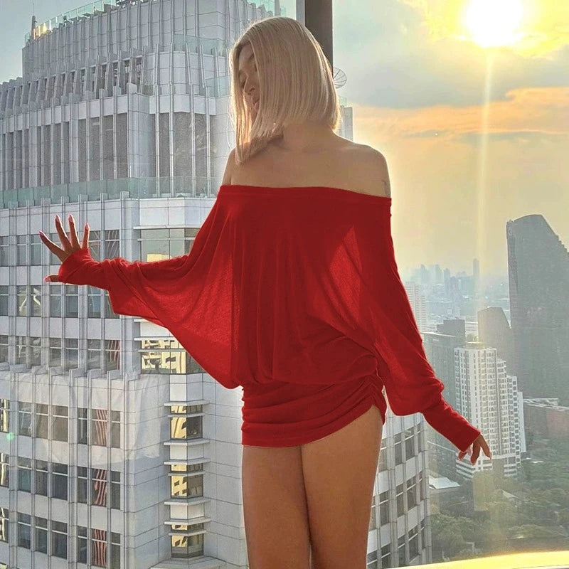 Hot Sexy Long Sleeve Ruched Off Shoulder Dresses Bodycon Solid