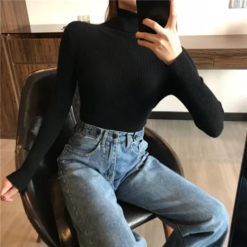 Soft Warm Ribbed Turtleneck Sweater for Women