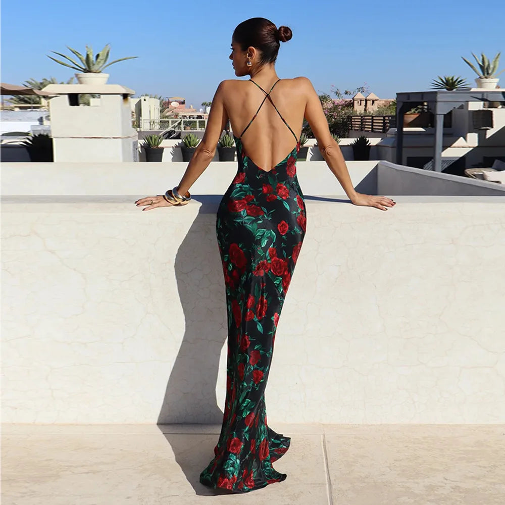 Floral Print Sexy V Neck Scarf Draped Maxi Dress