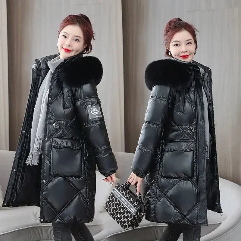 Champagne Winter Jacket Parkas Women Coat Fur Collar Hooded