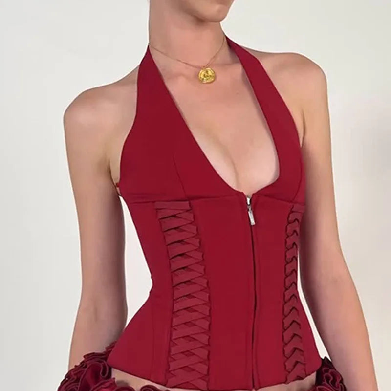 Halter V Neck Summer Fashion Zipper Detail Cropped Top