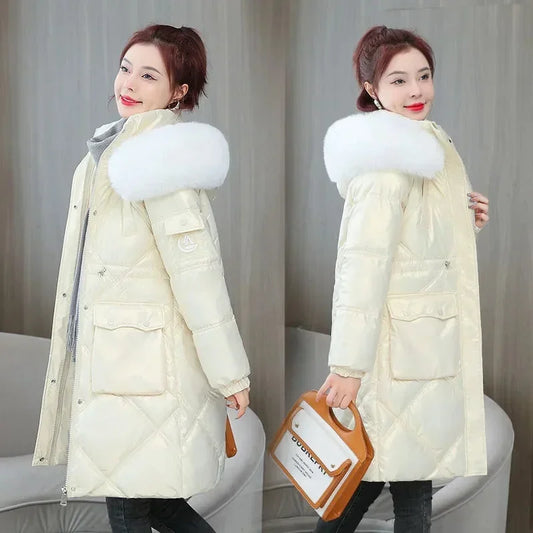 Champagne Winter Jacket Parkas Women Coat Fur Collar Hooded