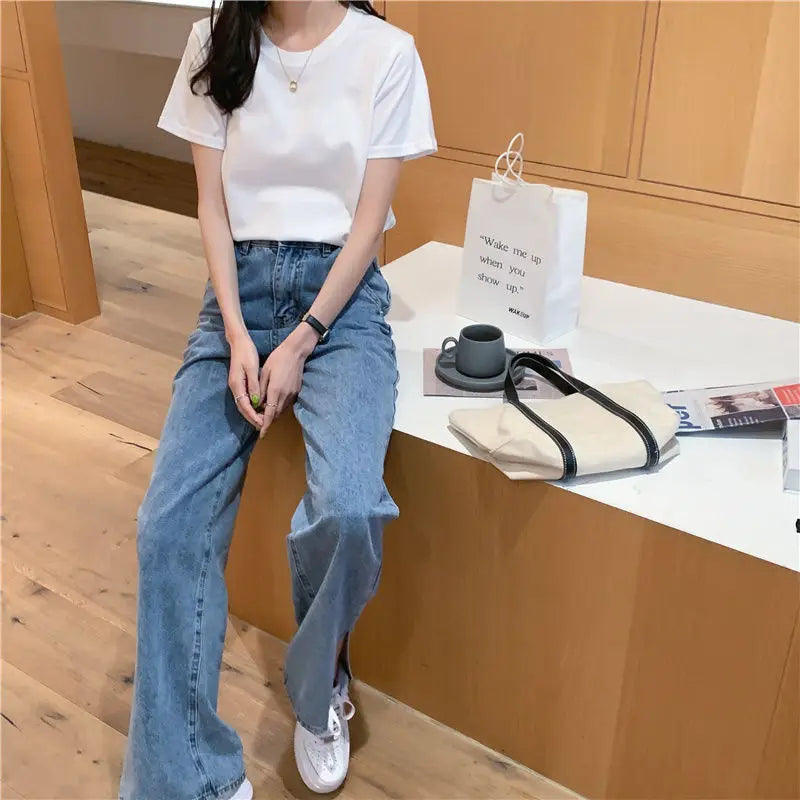 Cotton O Neck Loose Black/White Tops
