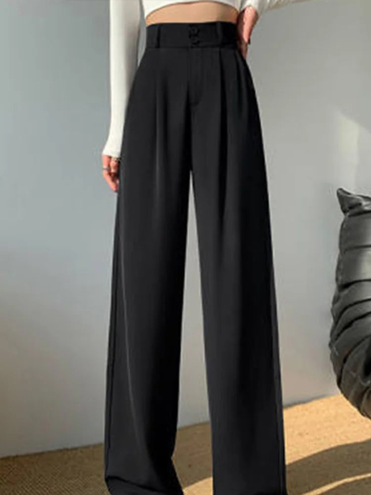 High Waist Wide Leg Pants Double Buttons Casual Suit Pants