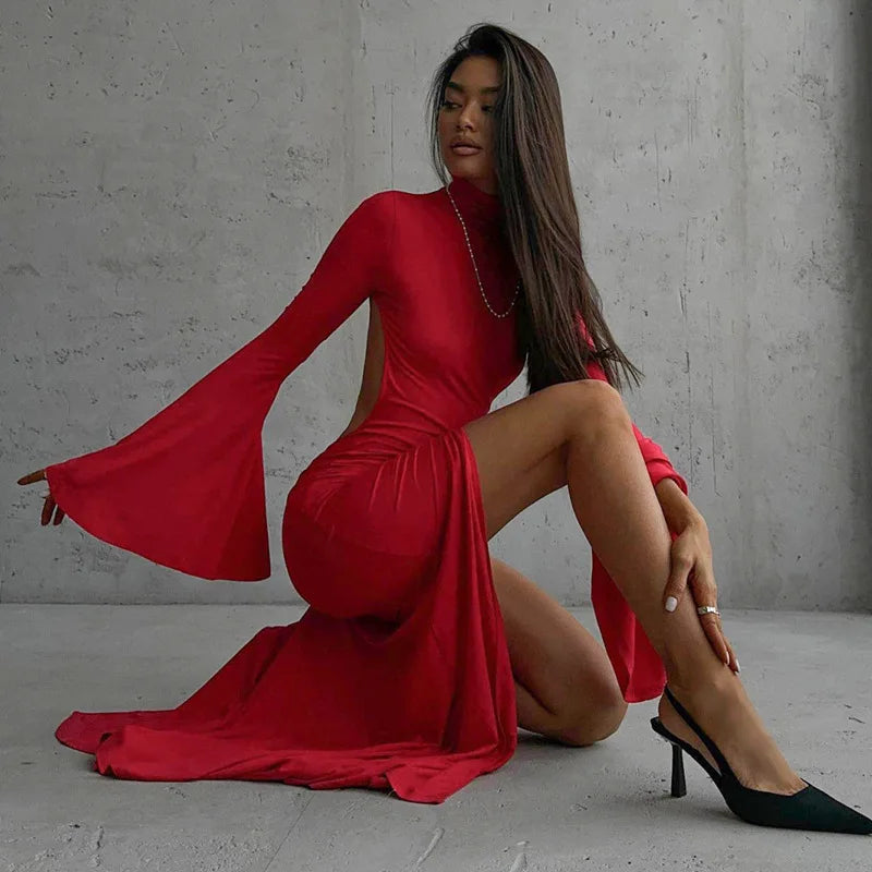 Red Split Maxi Dress  Sexy Open Back Style