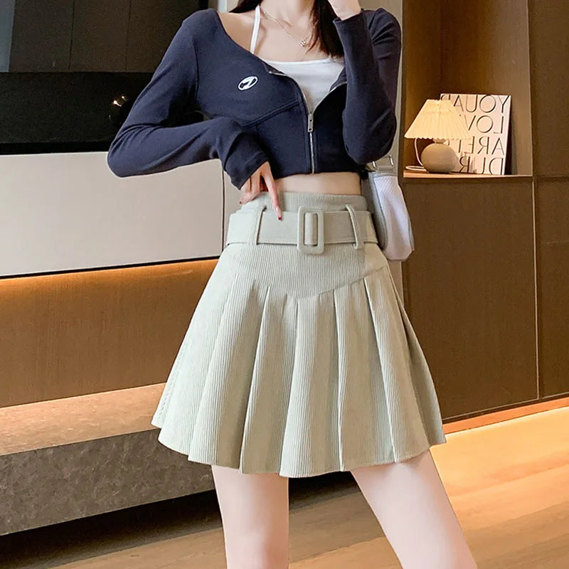 High Waist Pleated Skirt Woman Fashion with Belt A-Line Skirts