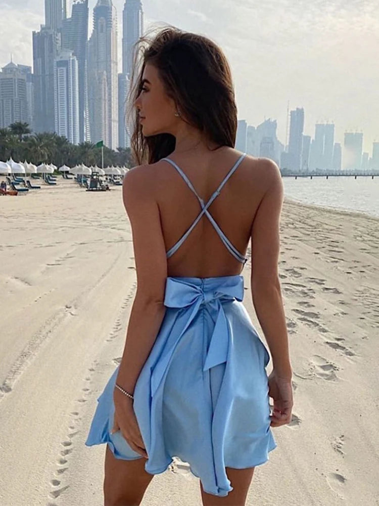 Wrap Mini Dresses Spaghetti Straps Elegant Dress Solid Vestidos
