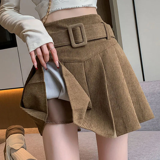 High Waist Pleated Skirt Woman Fashion with Belt A-Line Skirts