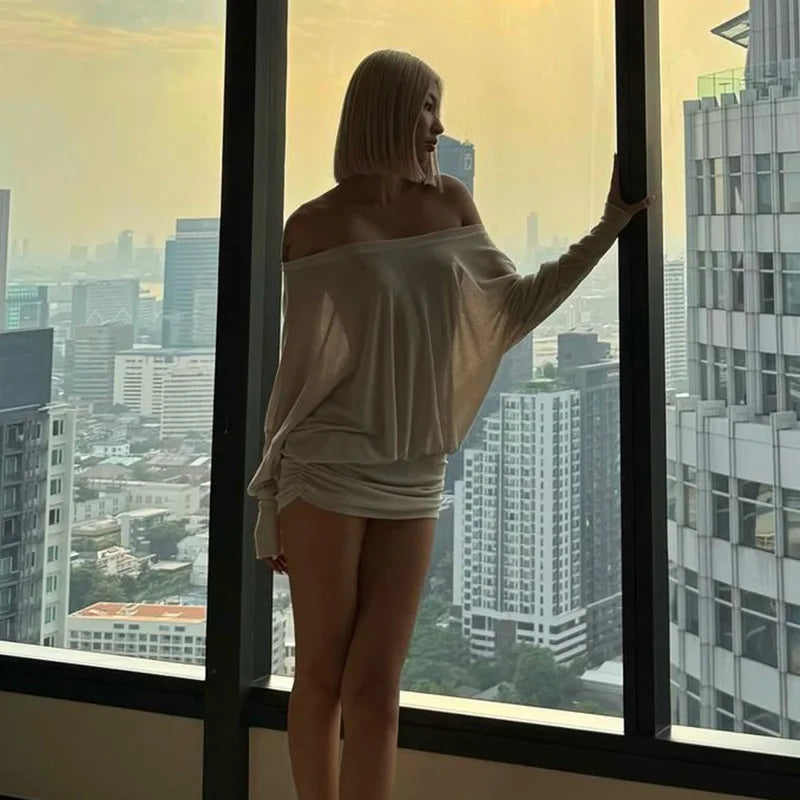 Hot Sexy Long Sleeve Ruched Off Shoulder Dresses Bodycon Solid