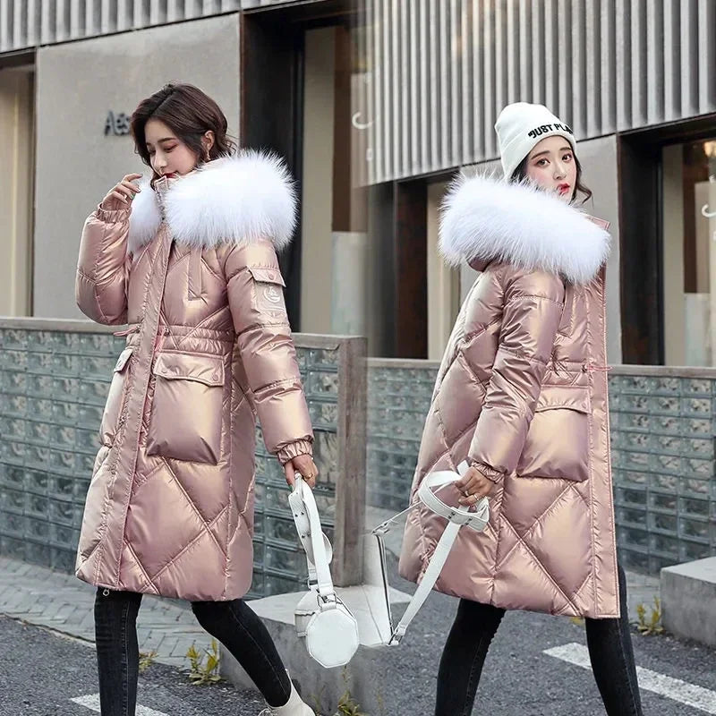 Champagne Winter Jacket Parkas Women Coat Fur Collar Hooded