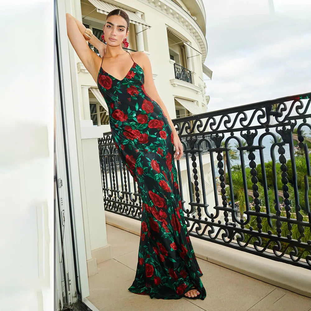 Floral Print Sexy V Neck Scarf Draped Maxi Dress