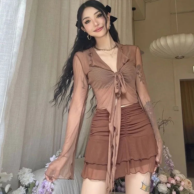 Lace-Up Mesh Flare Sleeve Blouse