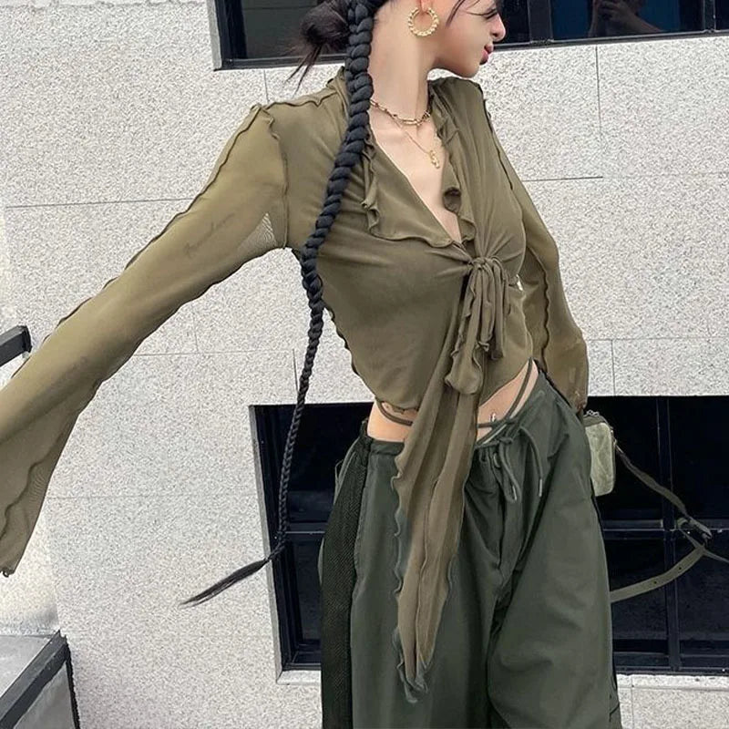 Lace-Up Mesh Flare Sleeve Blouse