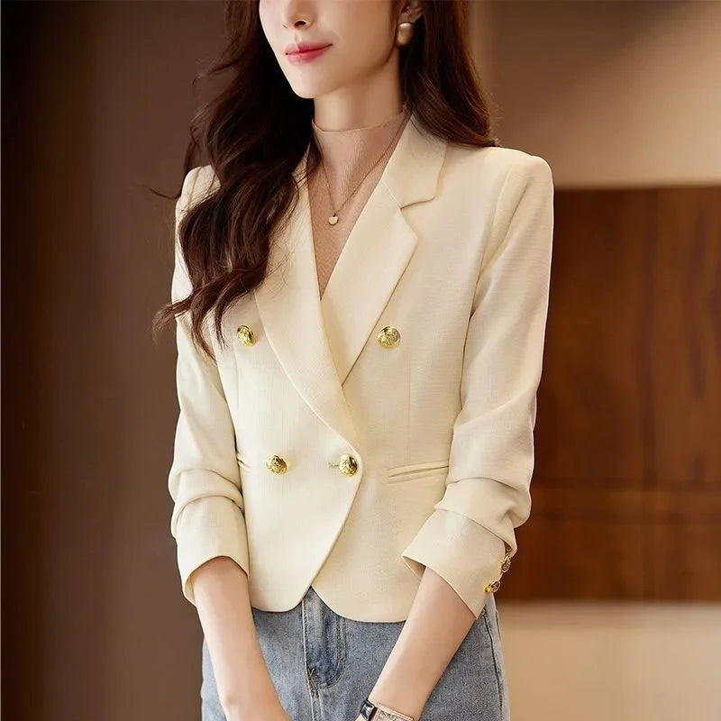 Double-Breasted Women Blazers Korean Notched Cropped Suit
