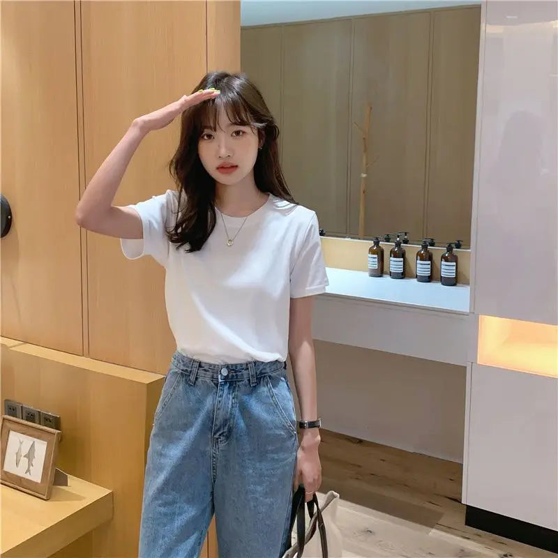 Cotton O Neck Loose Black/White Tops