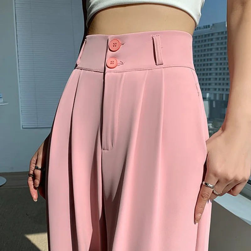 High Waist Wide Leg Pants Double Buttons Casual Suit Pants