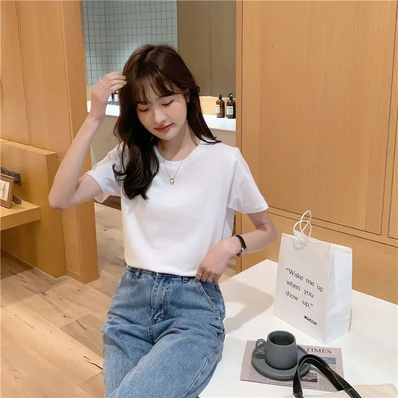 Cotton O Neck Loose Black/White Tops