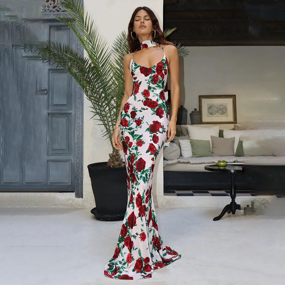 Floral Print Sexy V Neck Scarf Draped Maxi Dress