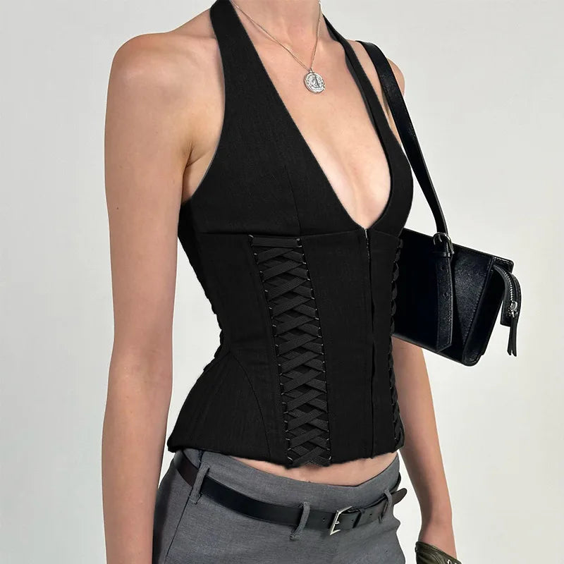 Halter V Neck Summer Fashion Zipper Detail Cropped Top