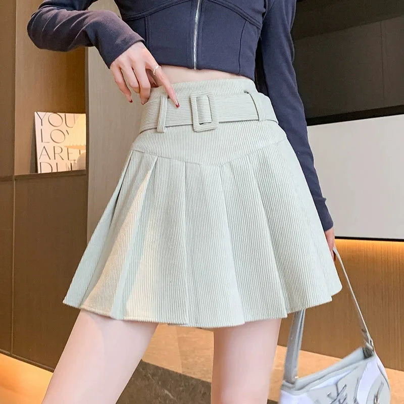 High Waist Pleated Skirt Woman Fashion with Belt A-Line Skirts