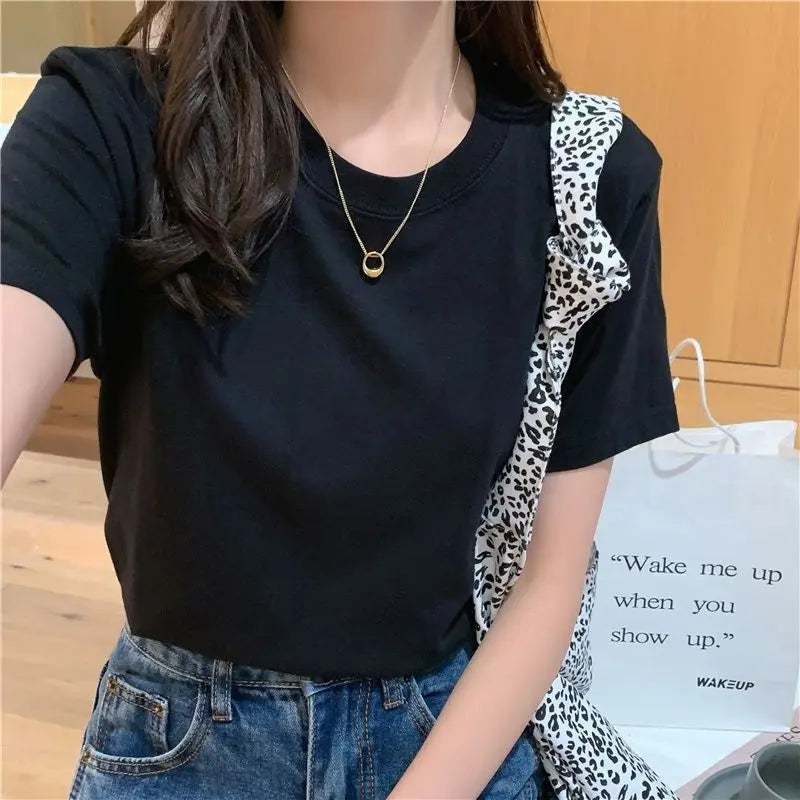 Cotton O Neck Loose Black/White Tops