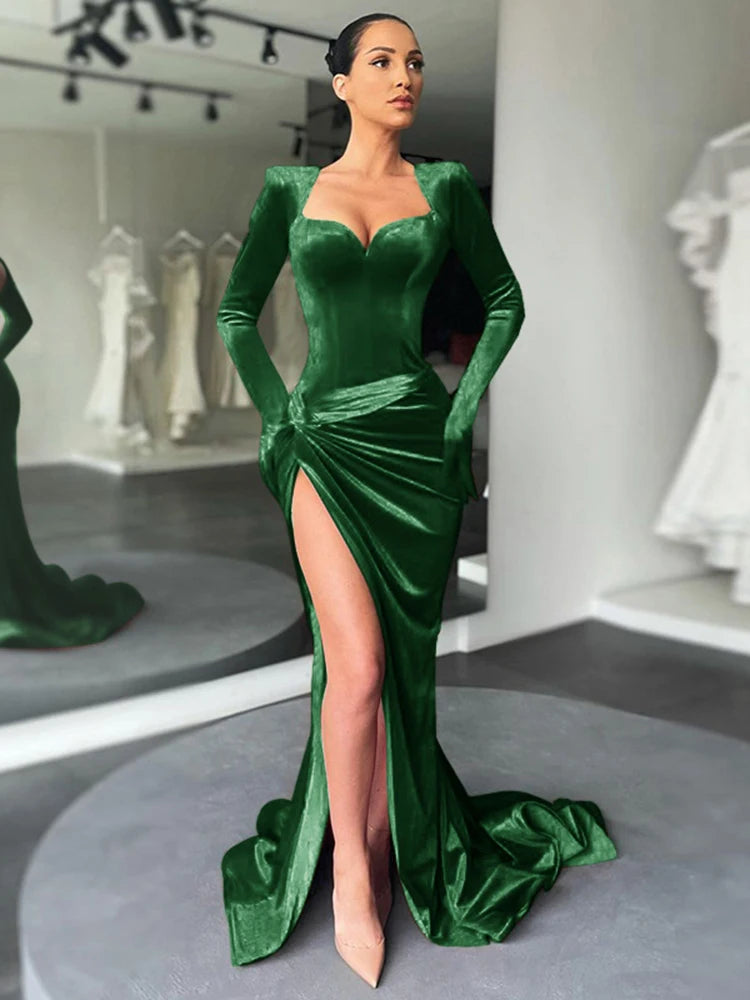 Elegant Ruched Gloves Sleeve Long Gown Evening Outfits