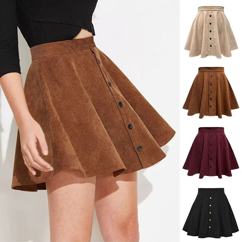 Pleated Fluffy Elegant Single-Breasted Design Corduroy A-Line Skirts