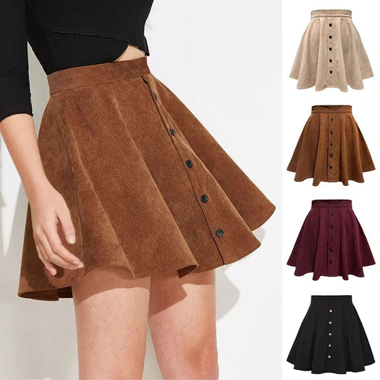 Pleated Fluffy Elegant Single-Breasted Design Corduroy A-Line Skirts