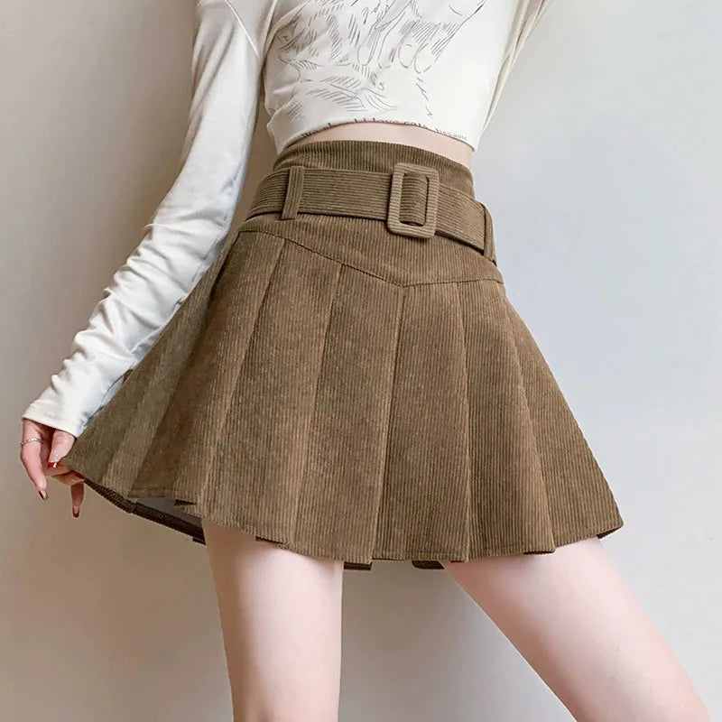 High Waist Pleated Skirt Woman Fashion with Belt A-Line Skirts