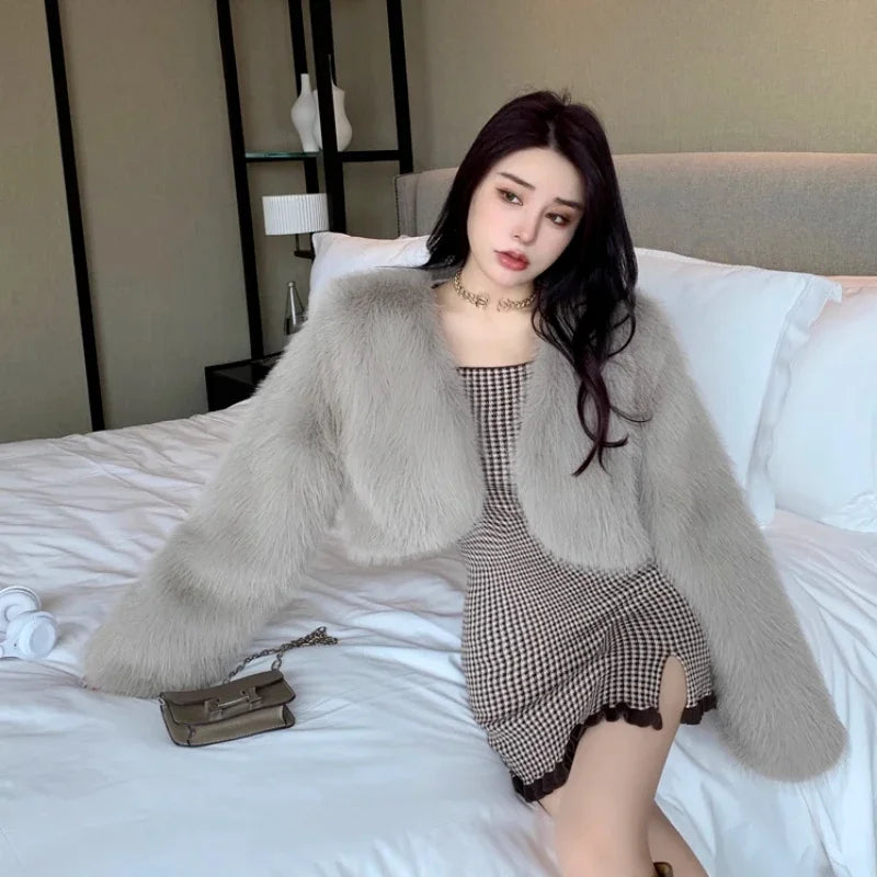 Women Fur Cardigan Short Cut Loose Long Sleeves Lady Jacket