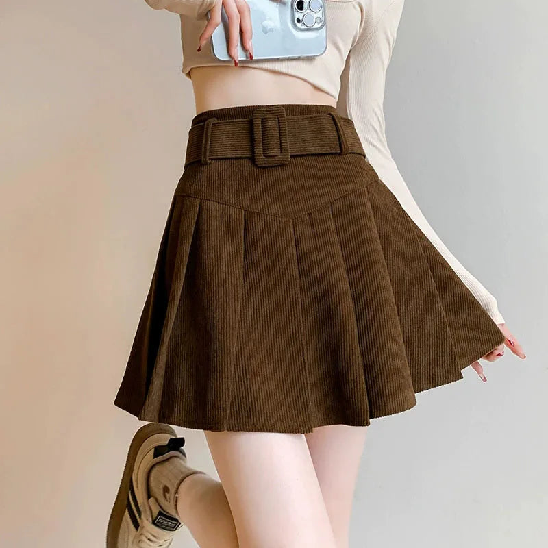 High Waist Pleated Skirt Woman Fashion with Belt A-Line Skirts