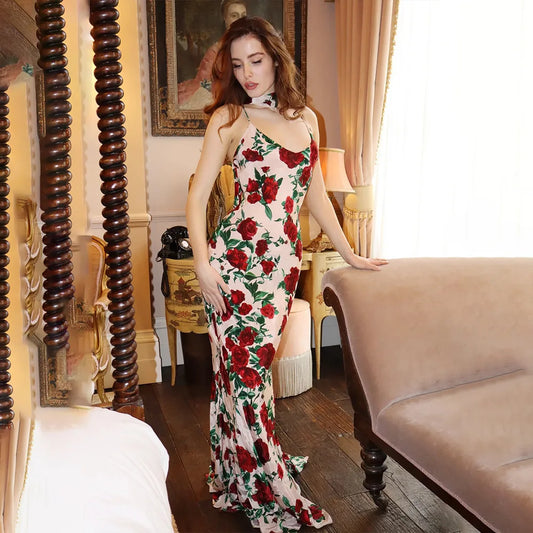 Floral Print Sexy V Neck Scarf Draped Maxi Dress