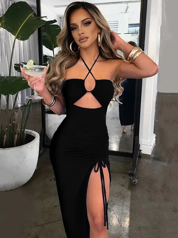 Sexy Halter Backless Sleeveless Club Party Slit Dresses Vestido