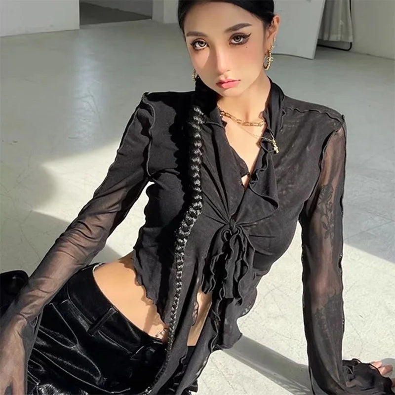 Lace-Up Mesh Flare Sleeve Blouse