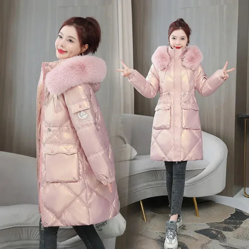 Champagne Winter Jacket Parkas Women Coat Fur Collar Hooded