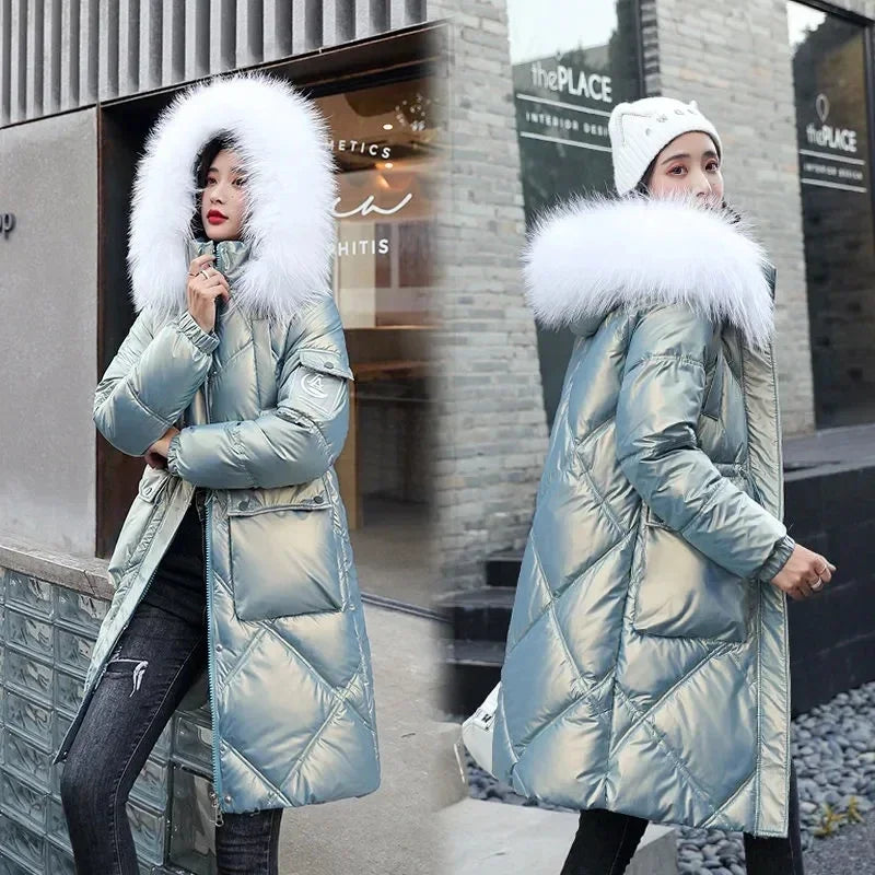 Champagne Winter Jacket Parkas Women Coat Fur Collar Hooded