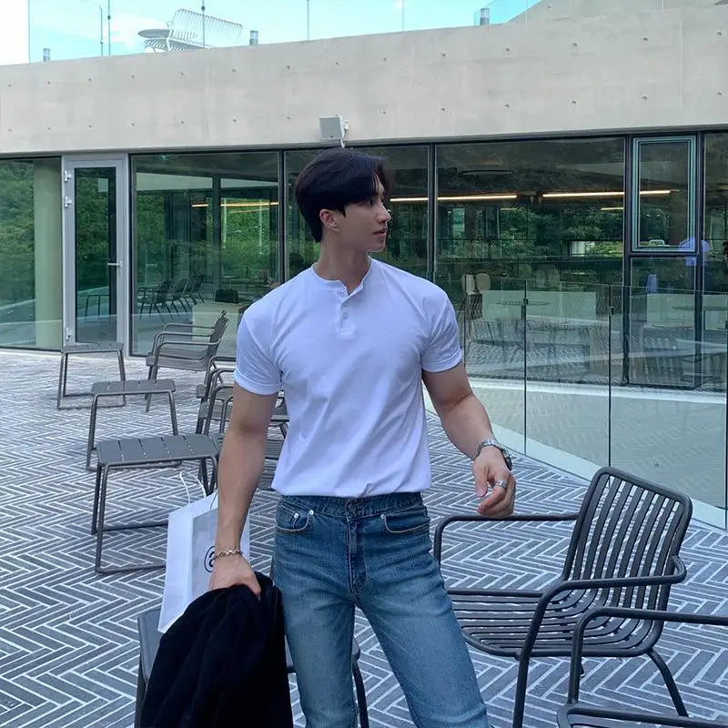 Summer Men‘s Short Sleeve Henley Neck T Shirts
