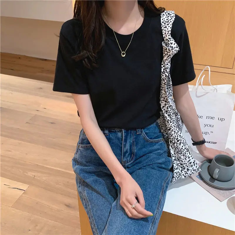 Cotton O Neck Loose Black/White Tops
