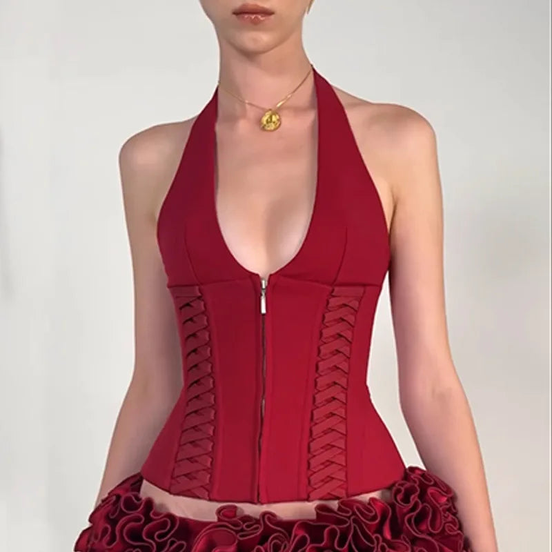 Halter V Neck Summer Fashion Zipper Detail Cropped Top