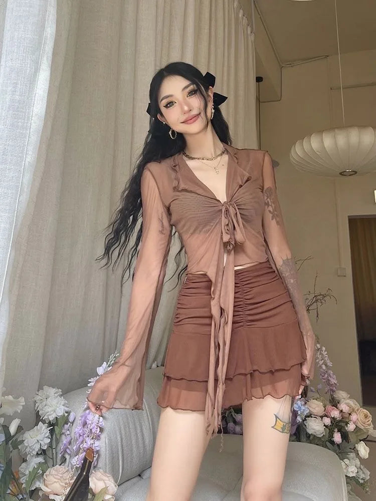 Lace-Up Mesh Flare Sleeve Blouse