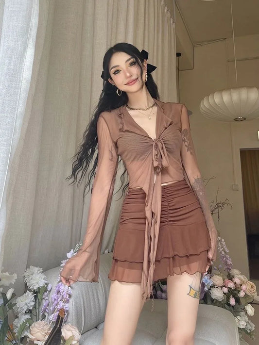Lace-Up Mesh Flare Sleeve Blouse