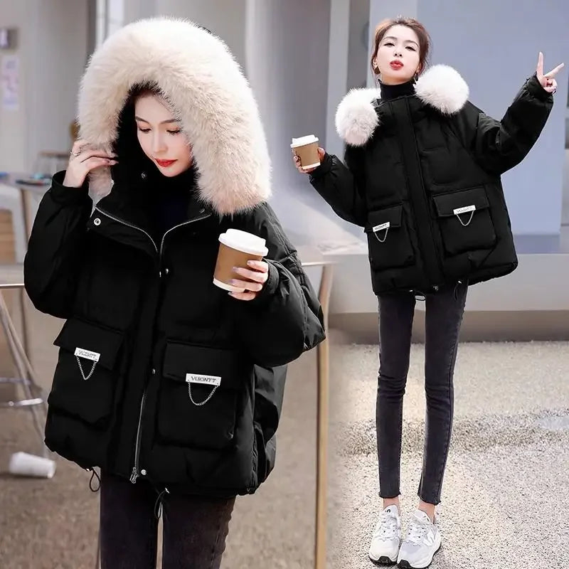 Women Jacket with Hood Winter Warm Loose Thick Short Outwear