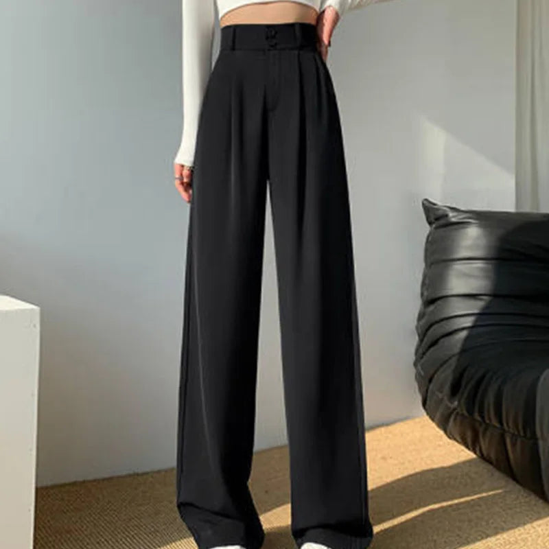 High Waist Wide Leg Pants Double Buttons Casual Suit Pants