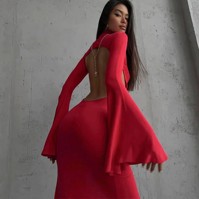 Red Split Maxi Dress  Sexy Open Back Style