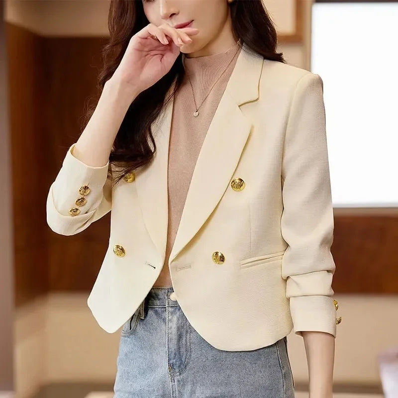 Double-Breasted Women Blazers Korean Notched Cropped Suit
