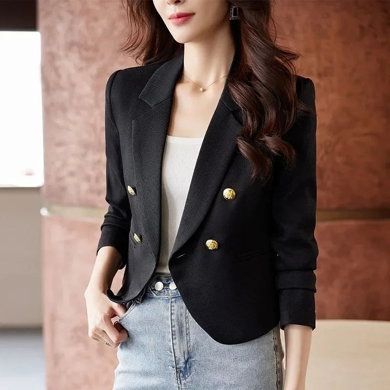 Double-Breasted Women Blazers Korean Notched Cropped Suit