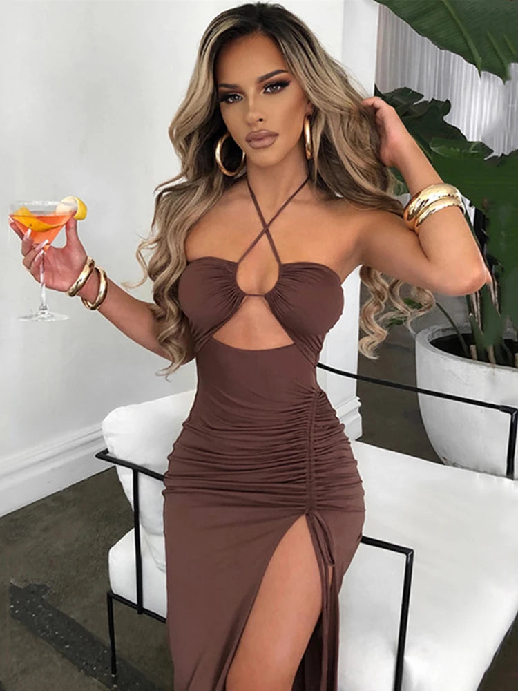 Sexy Halter Backless Sleeveless Club Party Slit Dresses Vestido
