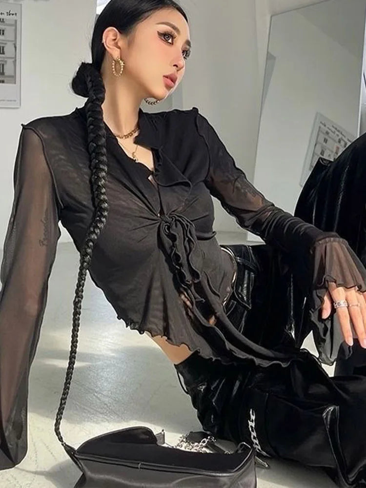 Lace-Up Mesh Flare Sleeve Blouse